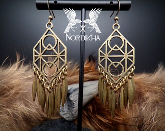 Boucles d'oreilles femme, couleur bronze - Bijoux Viking, nordique - longues et pendantes - inspiration Lagertha de Vikings