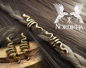 2 Viking hair beads, golden spirals - snake - Nordic, Celtic - hair ring - hair jewelry, braid beads, dreadlocks