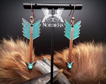 Boucles d'oreilles femme, cuivre antique pierres turquoise - Bijoux Viking, nordique - flèches pendantes - ethnique, tribal, mariage, cadeau