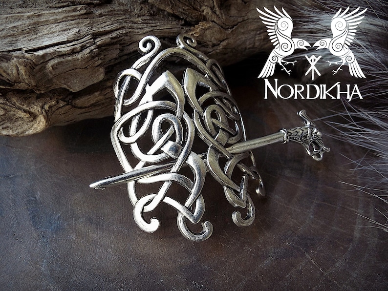 Viking hairstyle accessory silver-colored interlacing pattern VIKING hair brooch Celtic Nordic - Bar metal