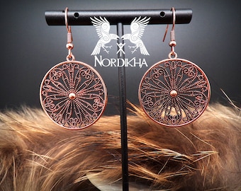 Boucles d'oreilles femme, couleur cuivre brillant - Rondes - Bijoux Viking, nordique - pendantes - inspiration Lagertha de Vikings