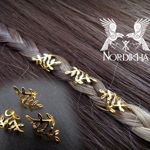 3 Viking hair beads, golden, leaves - EASY opening - viking, Nordic, Celtic - hair jewelry, braid beads, dreadlocks