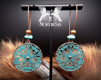 Boucles d'oreilles femme, couleur cuivre - pierres turquoises, bois - Bijoux Viking, nordique - ethnique, Lagertha, bohème, bijou ancien