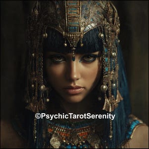 May include: A person wearing an ornate gold headdress with blue accents and dangling metallic charms, paired with a matching beaded collar. The person has dark hair with bangs and dark eye makeup. The text PsychicTarotSerenity is visible.