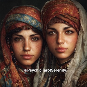 May include: A digital portrait of two individuals wearing ornate, layered headscarves in shades of red, gold, and blue. The text PsychicTarotSerenity is visible at the bottom. Both figures have brown eyes and freckled skin.