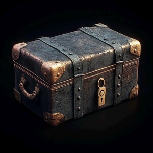 May include: A vintage-style metal chest with a brass lock and hinges. The chest is dark gray with a worn, textured finish.