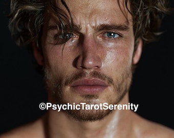 Puede incluir: Un retrato de una persona con cabello castaño ondulado, ojos azules y vello facial ligero. La piel parece húmeda o brillante, y la persona tiene una expresión seria. El texto PsychicTarotSerenity está impreso en blanco en el centro.