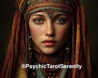 May include: A portrait of a person wearing a textured, rust-orange and sage-green head covering with intricate beadwork and metallic accents across the forehead. The text PsychicTarotSerenity is visible at the bottom of the image.