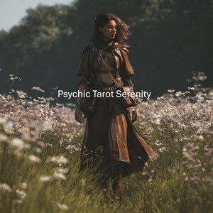 May include: A person in a brown leather outfit stands in a field of white flowers. The text "Psychic Tarot Serenity" is displayed on the image. The outfit includes a long coat, top, and accessories.