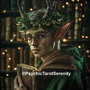 May include: A young person with pointed ears and antlers wears a green leafy crown and glasses. They hold a large, old book with the text "@PsychicTarotSerenity" on the cover.