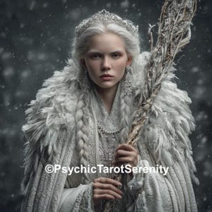 Può includere: Una figura con capelli bianchi e pelle pallida indossa un mantello di piume bianche, una corona d'argento e gioielli complessi. La figura tiene in mano un bastone strutturato simile a un ramo. Il testo PsychicTarotSerenity è visibile in basso.