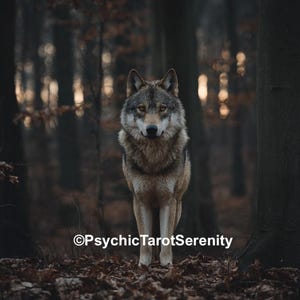 Op de afbeelding: Een grijze wolf staat in een bos en kijkt de kijker aan. De wolf heeft bruine ogen en een dikke vacht van grijs en bruin haar. De achtergrond van het bos is wazig, met hoge bomen en gevallen bladeren. De tekst "&copy;PsychicTarotSerenity" staat onderaan.