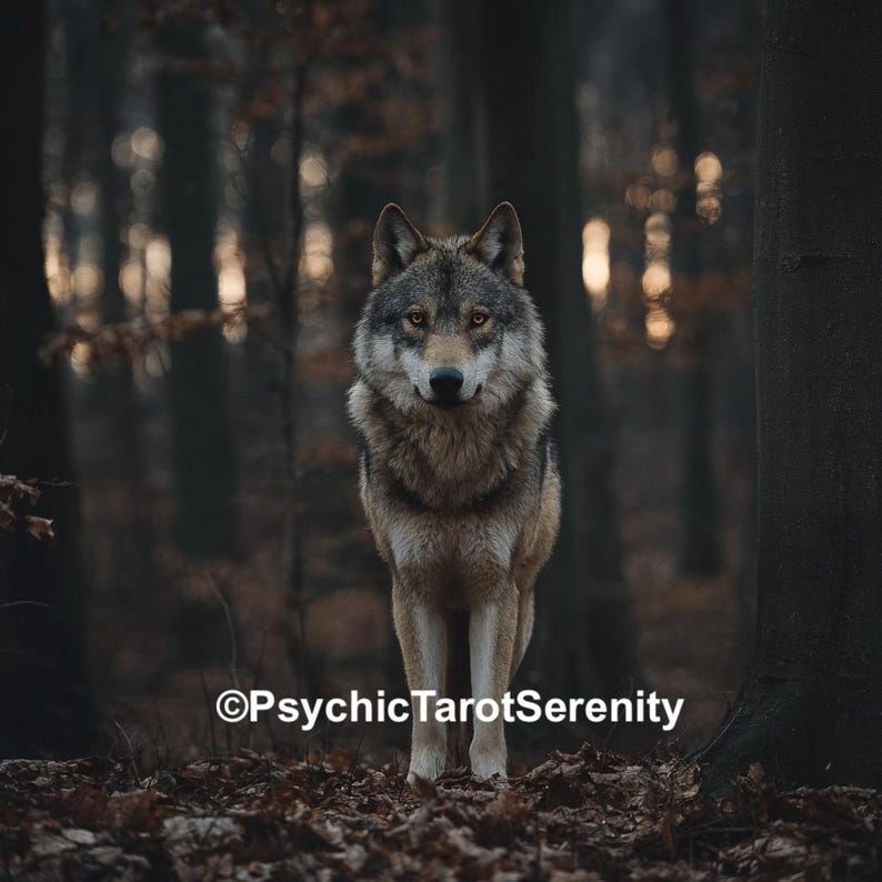 Op de afbeelding: Een grijze wolf staat in een bos en kijkt de kijker aan. De wolf heeft bruine ogen en een dikke vacht van grijs en bruin haar. De achtergrond van het bos is wazig, met hoge bomen en gevallen bladeren. De tekst "&copy;PsychicTarotSerenity" staat onderaan.