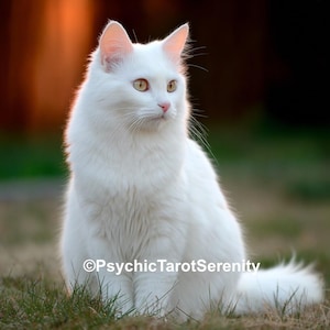 Könnte beinhalten: Eine weiße Katze mit gelben Augen sitzt im Gras. Das Sonnenlicht beleuchtet das Fell der Katze und erzeugt einen sanften Schein. Der Text "©PsychicTarotSerenity" ist enthalten.