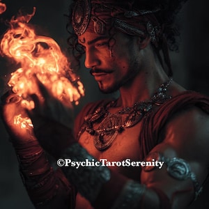 May include: A digital art image of a person with a mustache and curly hair, wearing a red headband and ornate necklace. The person is holding a ball of fire in their hands, with flames illuminating their face and chest. The image has a mystical theme.