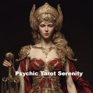 Op de afbeelding: Een digitale illustratie van een vrouw met een gouden hoofdtooi en een sierlijk rood en gouden harnas, die een zwaard en een weegschaal vasthoudt. De tekst "Psychic Tarot Serenity" staat onderaan.