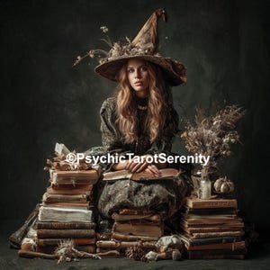 Könnte beinhalten: Eine Frau in einem dunklen Kleid und einem großen, verzierten Hexenhut sitzt umgeben von Stapeln alter Bücher. Das Bild hat eine Vintage-Ästhetik, mit getrockneten Blumen und einem kleinen Kürbis, die zum mystischen Thema beitragen. Der Text "PsychicTarotSerenity" ist sichtbar.