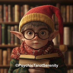 May include: A young elf wearing a red and yellow knit hat, glasses, and a red scarf holds a closed book in front of a bookshelf.