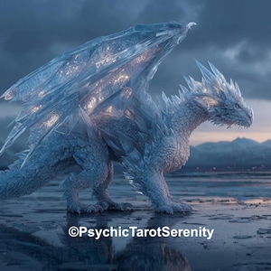 Peut inclure: Un dragon bleu glacé majestueux, avec des ailes cristallines et un corps texturé, se dresse sur une surface réfléchissante. Le dragon est orné d'épines glacées et d'un regard concentré. Le texte "©PsychicTarotSerenity" est inclus.