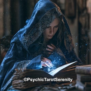 May include: A person wearing a dark blue hooded cloak with intricate silver embroidery along the edges, looking down at an open book with glowing blue light emanating from the pages. The text PsychicTarotSerenity is visible on the book.