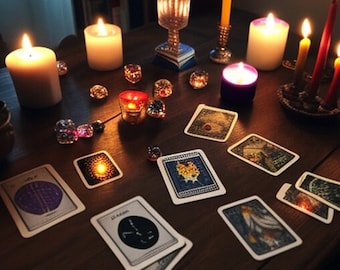 May include: A wooden table with a spread of tarot cards, candles, and dice. The candles are lit and the table is dark. The tarot cards are spread out in a circle around the candles. The dice are scattered around the table.