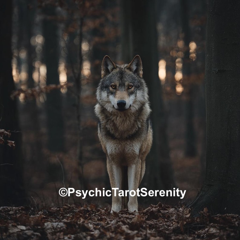 Op de afbeelding: Een grijze en bruine wolf staat in een bos, met zijn gezicht naar de kijker. De wolf heeft gele ogen en een dikke vacht. De achtergrond is wazig, met hoge bomen en gevallen bladeren. De tekst "&copy;PsychicTarotSerenity" staat onderaan.