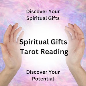 Könnte beinhalten: Zwei Hände, die nach oben zu einem hellen Licht greifen, mit dem Text "Discover Your Spiritual Gifts" darüber und "Spiritual Gifts Tarot Reading" und "Discover Your Potential" darunter.