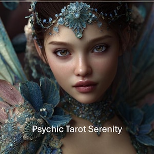 May include: A digital art portrait of a woman with brown eyes, wearing a blue and silver headpiece and necklace. She has blue and pink fairy wings. The text "Psychic Tarot Serenity" is at the bottom of the image.