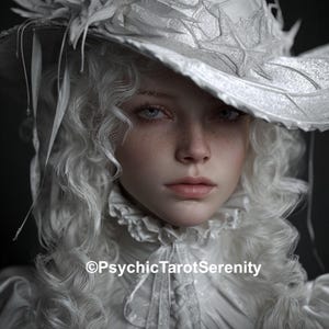 May include: A portrait of a person with pale skin, blue eyes, and freckles, wearing a white hat adorned with feathers and a ruffled collar. The person has curly white hair and is wearing a white dress. The image has the text "©PsychicTarotSerenity".