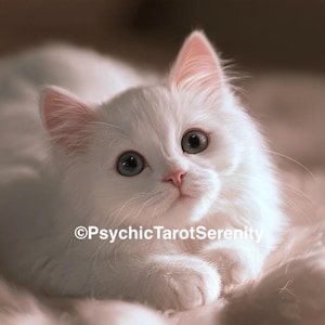 Puede incluir: Un gatito blanco y esponjoso con grandes ojos azules y nariz rosada, acostado con las patas recogidas. El texto PsychicTarotSerenity está impreso en blanco en la parte inferior de la imagen, sobre el suave pelaje blanco del gatito.
