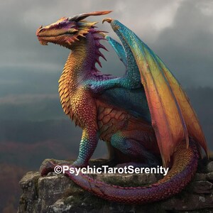 Puede incluir: Una estatua de dragón colorida con una gama de colores, incluyendo naranja, amarillo, azul y morado. El dragón está posado sobre una superficie de piedra, con las alas extendidas. La imagen incluye el texto "©PsychicTarotSerenity".
