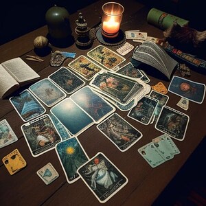 May include: A tarot card reading spread with a variety of cards laid out on a wooden table. The cards feature colorful illustrations and are arranged in a circular pattern. A lit candle and other decorative items are also visible on the table.