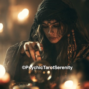 May include: A person with dark hair wearing a black head covering and beaded accessories, gazing down at a glass sphere. The text PsychicTarotSerenity is visible in the center. The scene is illuminated by warm, soft light in a dim setting.