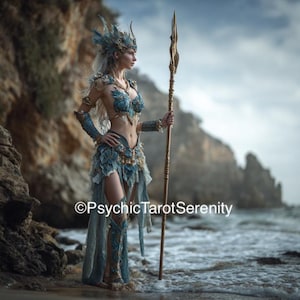 May include: A fantasy-inspired costume featuring a blue and gold bodice, skirt, and headpiece with intricate leaf-like details, worn with matching arm and leg guards. The outfit includes a tall, slender wooden staff. Text reads: ©PsychicTarotSerenity.