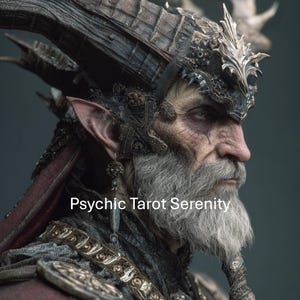 May include: A detailed digital art portrait of a mystical figure with a long white beard, adorned with an elaborate horned headdress and ornate jewelry. The text "Psychic Tarot Serenity" is displayed at the bottom.