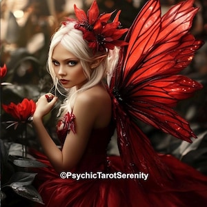 May include: A woman with white hair and red wings wears a red dress with a flower crown. The background is a dark forest.