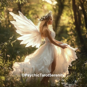 Puede incluir: Una mujer con un vestido blanco con grandes alas de plumas y una corona de flores está de pie en un bosque soleado. El vestido tiene una falda en capas y un corpiño detallado. La imagen tiene una cualidad onírica y etérea.