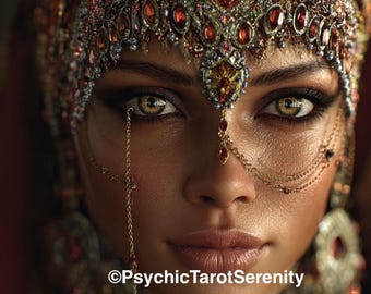 May include: A portrait featuring a person wearing an ornate headpiece adorned with red and gold jewels, intricate metalwork, and delicate gold chains. A thin gold chain hangs from the right eye. The text PsychicTarotSerenity is visible at the bottom.