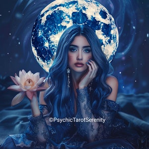 Puede incluir: Una mujer con el pelo largo azul lleva un vestido azul oscuro con un diseño brillante. Está sosteniendo una flor blanca y tiene una gran luna azul detrás de ella. La imagen tiene el texto "PsychicTarotSerenity" en la parte inferior central.