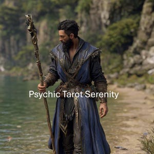 Puede incluir: Una persona con un atuendo medieval azul y negro sosteniendo un bastón con una parte superior detallada. La imagen tiene el texto "Psychic Tarot Serenity" en la parte inferior. El fondo muestra un lago y una costa rocosa.