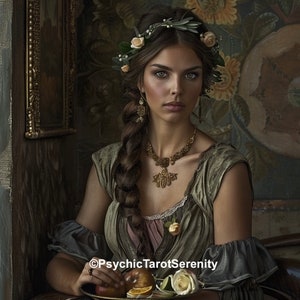 Puede incluir: Una mujer con el pelo largo y castaño trenzado y adornado con una corona de flores, lleva un vestido verde y dorado, sostiene un plato de fruta y flores. El fondo presenta una pintura con motivos florales.