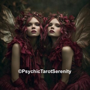Puede incluir: Dos mujeres con cabello rosado y vestidos burdeos, adornadas con coronas florales y alas doradas. La imagen tiene el texto "©PsychicTarotSerenity" en la parte inferior. El tema general es la fantasía y lo místico.