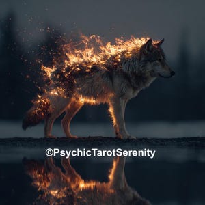 May include: A digital art image of a wolf with flames erupting from its back and head. The wolf stands in profile, with its reflection visible in the water below. The image has a dark, moody aesthetic, with the text "©PsychicTarotSerenity" at the bottom.