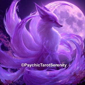 May include: A digital illustration of a purple fox with multiple flowing tails, set against a backdrop of a full moon. The fox has white fur on its chest and a focused expression. The image is dominated by shades of purple and violet, with the text "©PsychicTarotSerenity" at the bottom.