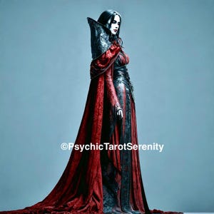 May include: A floor-length gown featuring a deep red and black color scheme with a high, structured collar and a long, flowing cape. The garment displays intricate textures and patterns throughout. The text PsychicTarotSerenity is visible.