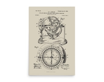 May include: A vintage black and white illustration of a patent drawing for a Stellar Compass and Great Circle Course Projector. The drawing shows a detailed diagram of the device, including a sphere with a compass and a circular dial with markings. The patent number 703,138 and the date June 24, 1902 are visible in the top left corner.