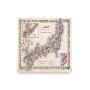 Póster cuadrado retro de Colton, mapa vintage de Japón, 1855