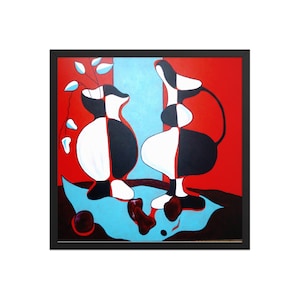 May include: Abstract art print featuring two stylized black and white vases against a red and blue background. The artwork is framed in a black border, with a splash of blue at the bottom. The vases have a unique, modern design.