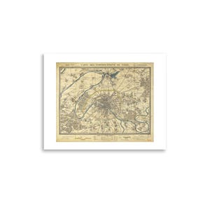 May include: An antique map print of Paris, France, framed in white. The map, titled "Carte des Fortifications de Paris," features detailed city streets, the Seine River, and surrounding areas in shades of beige, brown, and blue.