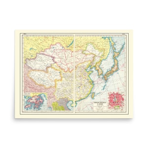 Carte de 1920 de la République de Chine et du Japon, impression d'affiches rétro vintage